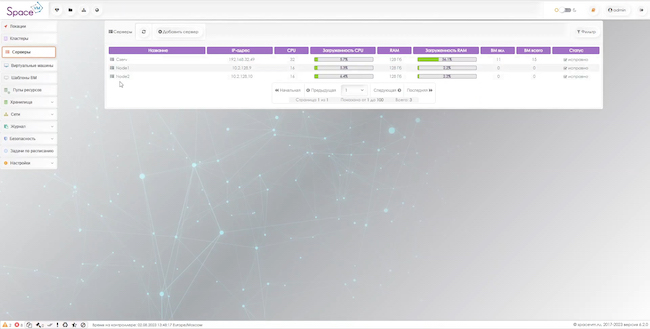 Вкладка «Серверы» системы SpaceVM
