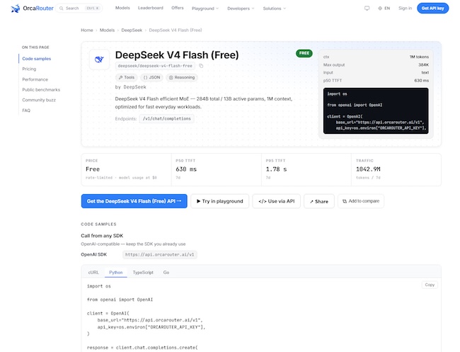 Карточка бесплатной модели DeepSeek V4 Flash в интерфейсе OrcaRouter Карточка бесплатной модели DeepSeek V4 Flash в интерфейсе OrcaRouter