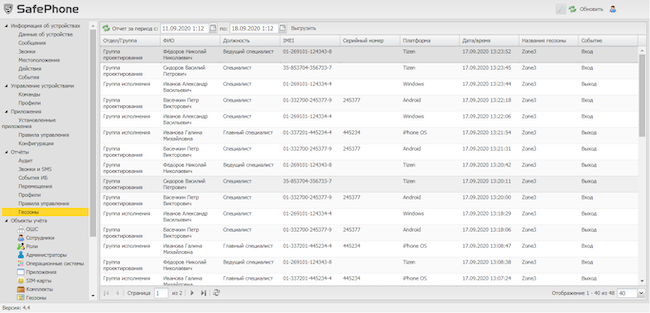 Отчёт по геозонам в SafePhone