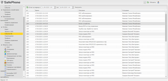 Отчёт «События ИБ» в SafePhone