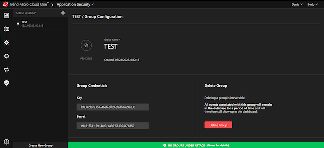 Создание новой группы и определение значения ключей в Trend Micro Cloud One Application Security