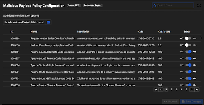 Список фильтров раздела «Malicious Payload» платформы Trend Micro Cloud One Application Security