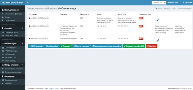 Сетевые интерфейсы узла кластера в веб-интерфейсе «КриптоПро NGate»