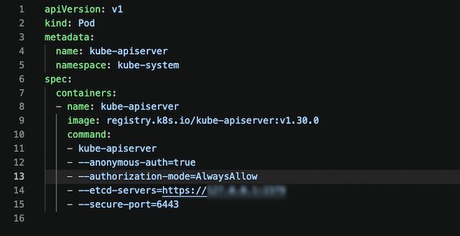 Пример файла конфигурации API-сервера Kubernetes с небезопасными значениями у нескольких параметров