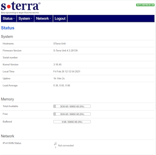 Главное окно веб-интерфейса пользователя «С-Терра Юнит». Раздел «Статус» («Status»)