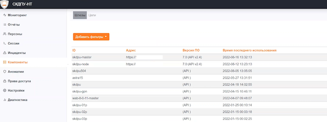 Внешний вид окна веб-консоли «СКДПУ НТ Мониторинг и аналитика». Раздел «Компоненты» («Шлюзы»)