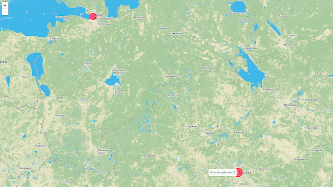 Карта в Web Antifraud с отмеченной геолокацией пользователей