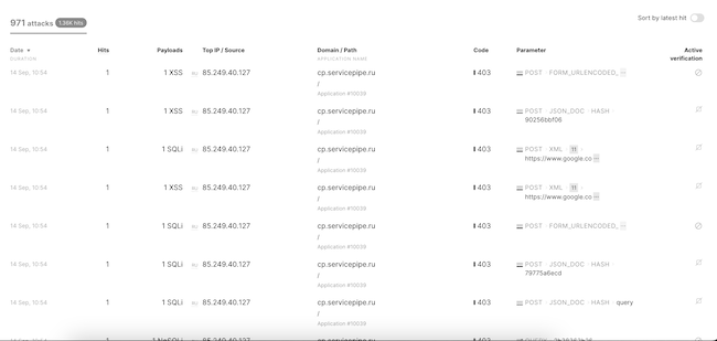 Журнал WAF для ресурса cp.servicepipe.ru (множество атак, связанных с активностью ботов)