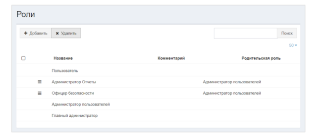 Интерфейс раздела «Роли»