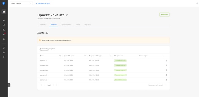 Список доменов в личном кабинете DDoS-Guard