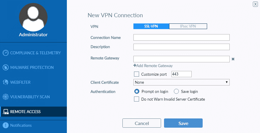 Параметры удалённого подключения по VPN