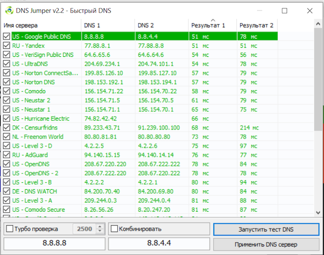 Быстрый тест DNS Jumper