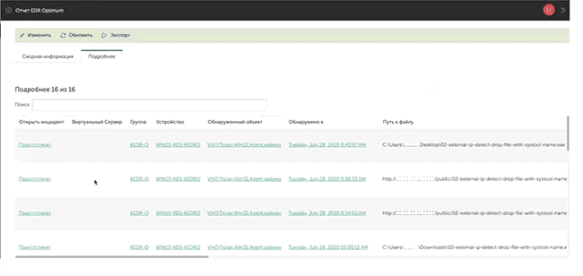 Отчёт Kaspersky EDR для бизнеса Оптимальный в консоли Kaspersky Security Center