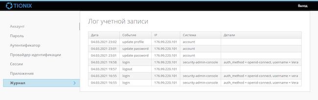 Журнал событий учётной записи TIONIX Virtual Security