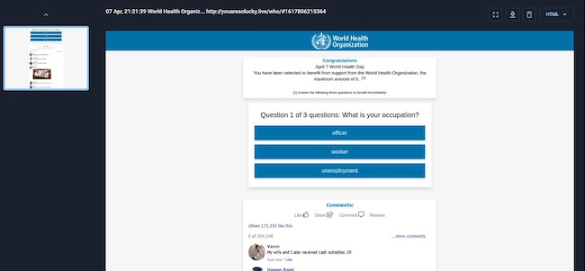 Мошенническая страница, имитирующая бренд Всемирной Организации Здравоохранения, обнаруженная с помощью платформы Group-IB Digital Risk Protection