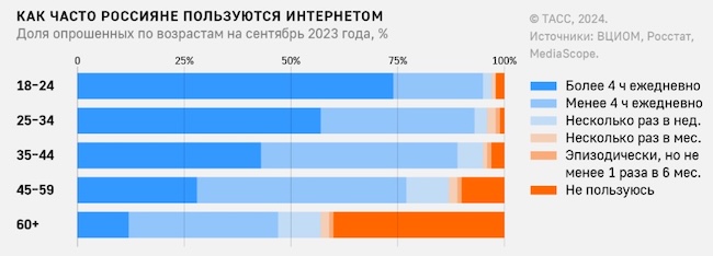 Для большинства россиян интернет является важной частью их деятельности (ТАСС, 2024)
