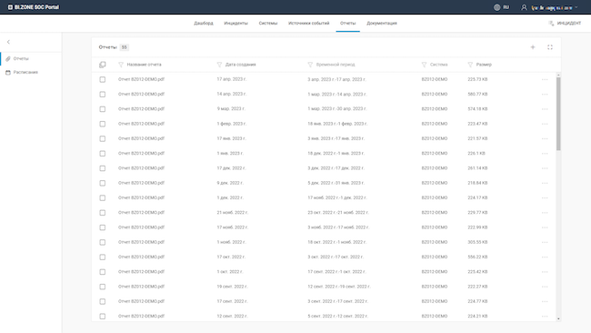 Веб-интерфейс пользователя BI.ZONE SOC Portal. Раздел «Отчёты»