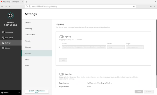 Настройки логирования в Kaspersky Scan Engine