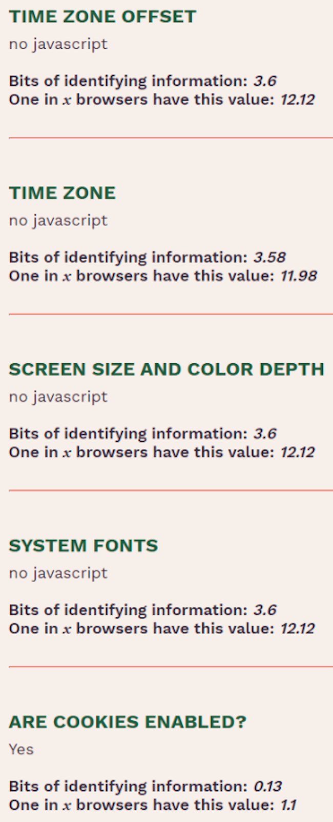 Пример собираемой информации с отключённым JavaScript