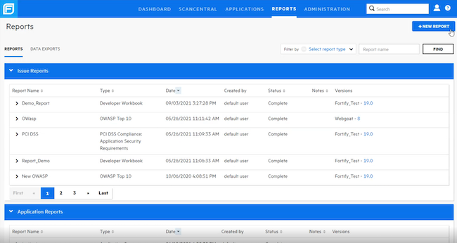 Страница с отчётами в веб-интерфейсе Fortify Software Security Center
