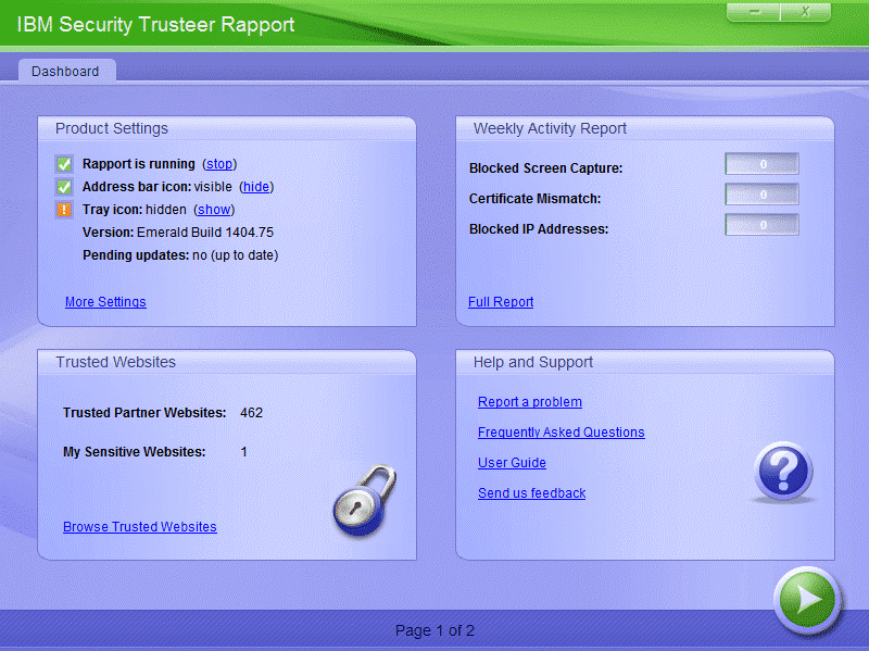 Интерфейс системы IBM Trusteer Rapport