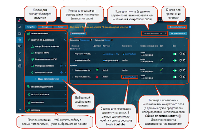 Настройка правил в интерфейсе Solar webProxy