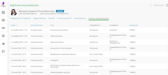 Карточка сотрудника / История изменения ролей в Solar inRights