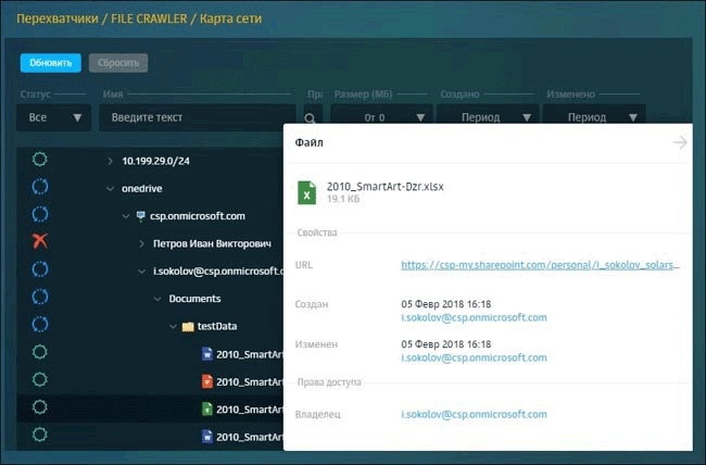 Отображение файлов, найденных в ходе сканирования Dozor File Crawler