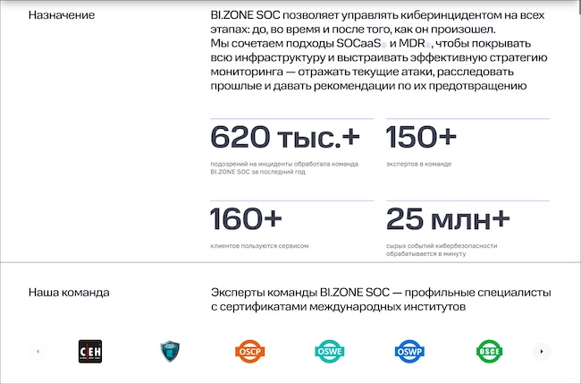 Пример описания своей экспертности на странице BI.ZONE