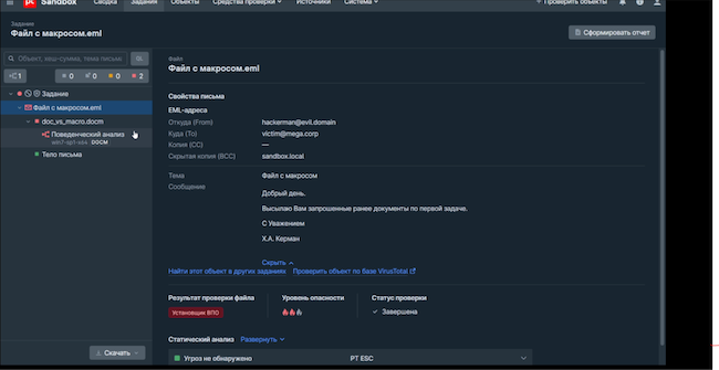 Основная информация об исследуемом файле с макросами в PT Sandbox