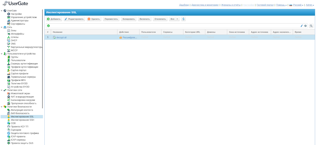 Раздел «Инспектирование SSL» в UserGate Next Generation Firewall
