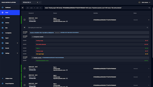 События, указывающие на бот-активность, в разделе «Fraud» во Group-IB Fraud Hunting Platform