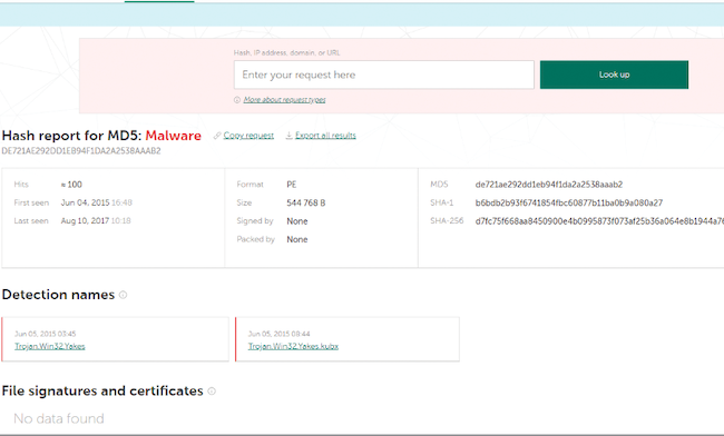 Результаты работы Threat Lookup для хеша в Kaspersky Threat Intelligence Portal