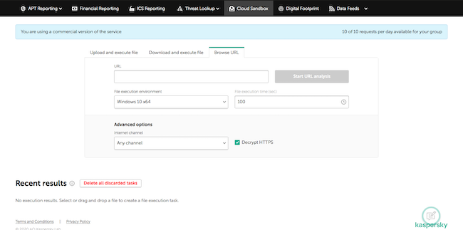 Настройка параметров Cloud Sandbox для проверки URL-адреса в Kaspersky Threat Intelligence Portal