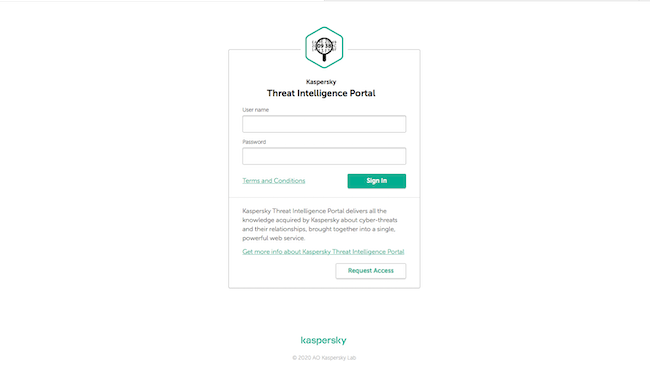 Окно входа в систему в Kaspersky Threat Intelligence Portal