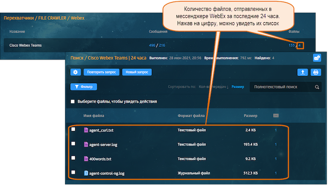Быстрый переход к списку WebEx-файлов, отправленных сотрудниками за последние 24 часа, в Solar Dozor 7.5