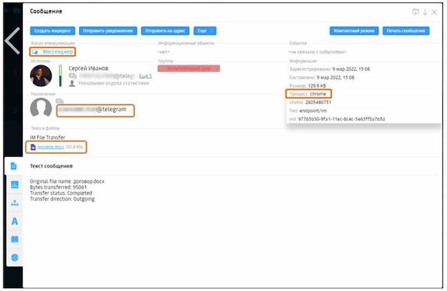 Интерфейс Solar Dozor, карточка сообщения: сведения о передаче файла, отправленного в Telegram Web