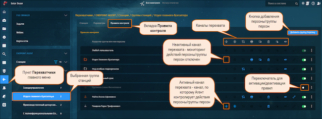 Интерфейс Solar Dozor 7.8, редактор правил: настройка политики контроля пользователей