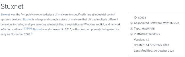 Описание Stuxnet в MITRE ATT&CK