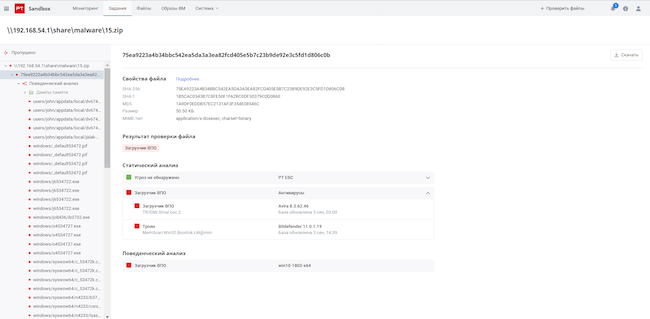 Страница с подробными данными о файле, в котором средствами PT Sandbox было обнаружено вредоносное содержимое