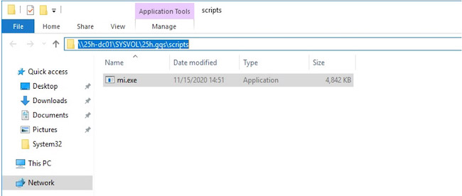 Вредоносный файл «mi.exe» в системном каталоге «SYSVOL»