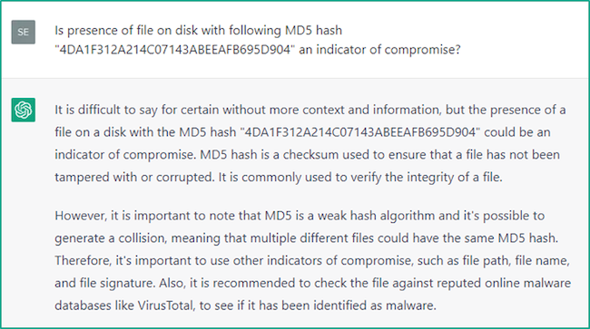 ChatGPT не считает наличие хешей WannaCry подозрительным
