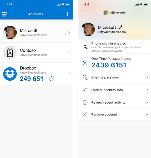 Интерфейс приложения Microsoft Authenticator