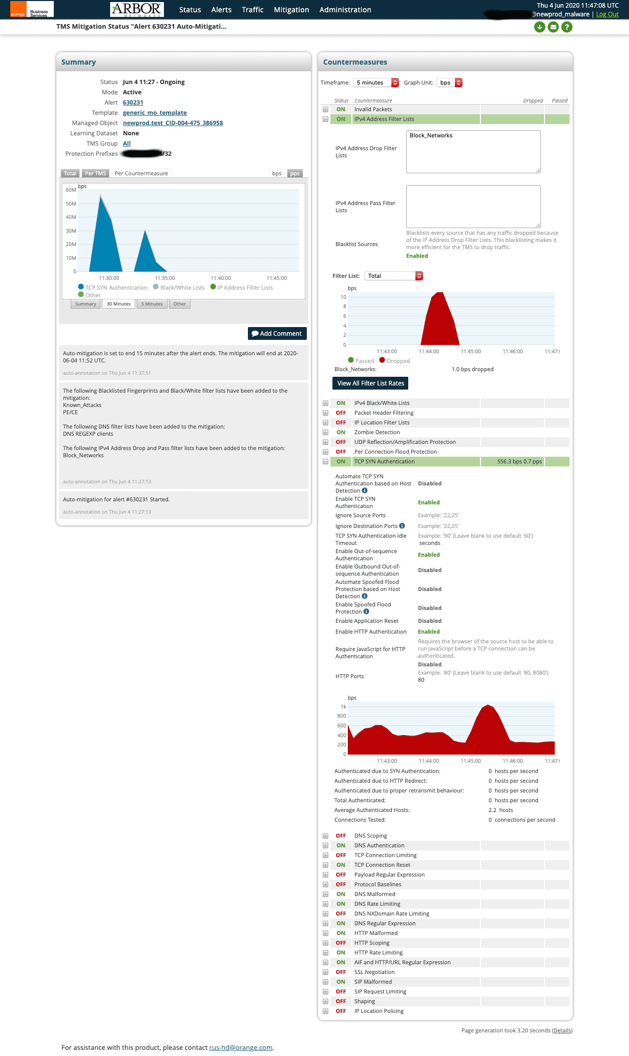 Окно с принятыми мерами по смягчению и ликвидации DDoS-атаки (ID 630231) в Orange Internet Umbrella