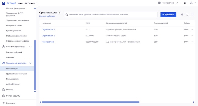 Вкладка для управления организациями Вкладка для управления организациями