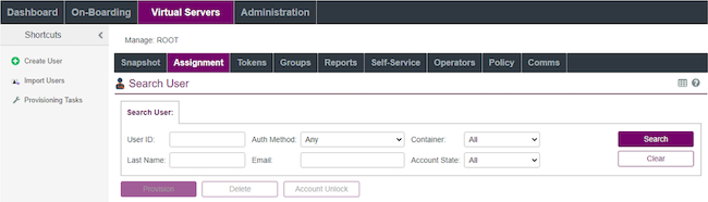 Интерфейс вкладки «Assignment» консоли управления SafeNet Authentication Service