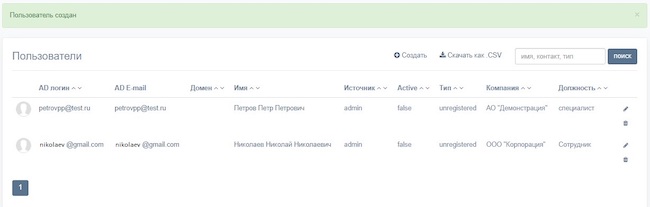 Раздел «Пользователи» с созданной учётной записью в консоли администратора системы eXpress