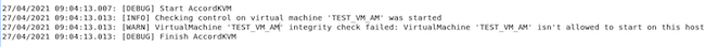 Запись в журнале событий СПО «Аккорд-KVM» о запрете запуска виртуальной машины с выявленными нарушениями целостности