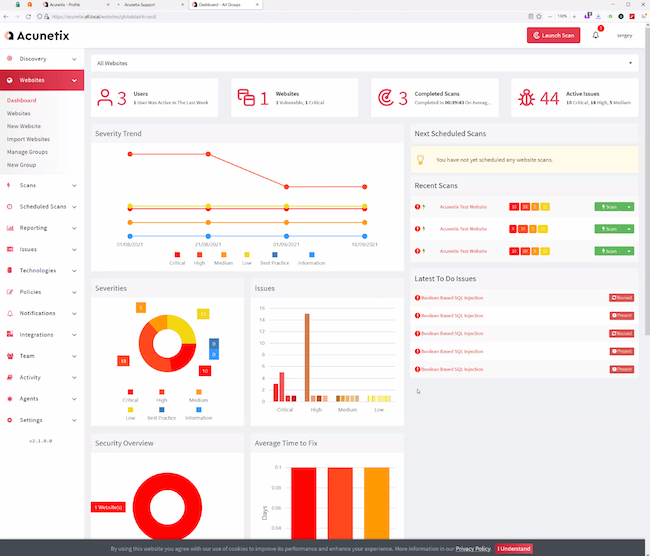 Вид подраздела «Dashboard» в Acunetix 360