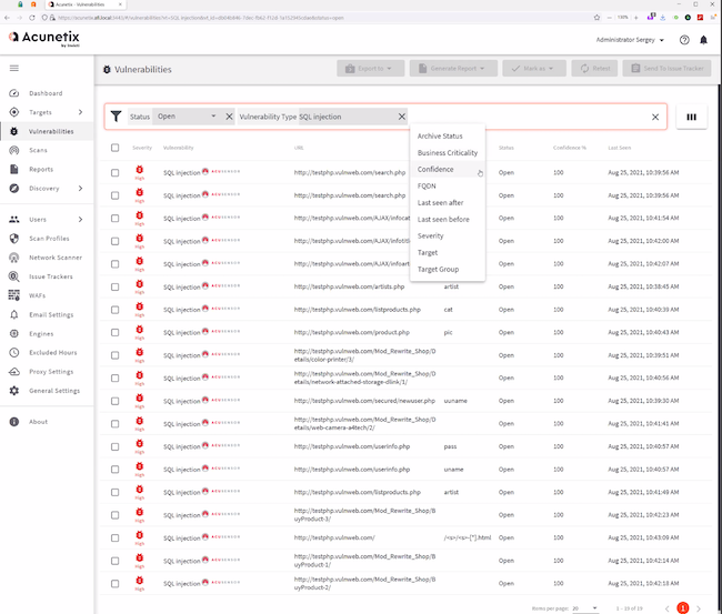 Работа с фильтрами в разделе «Vulnerabilities» Acunetix Premium